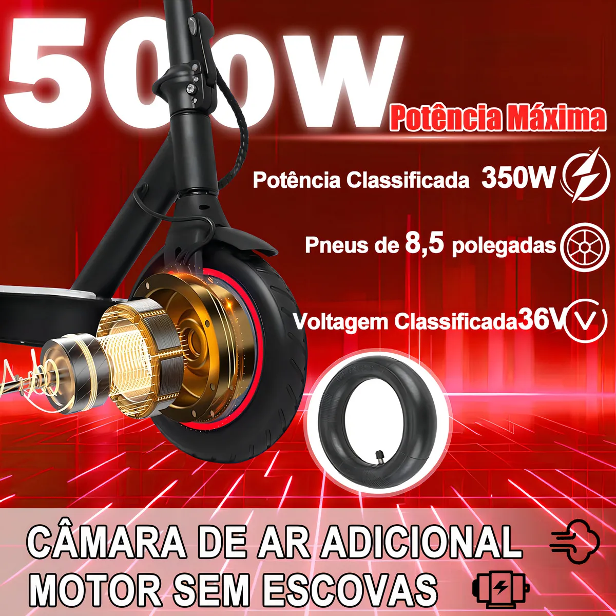 Detalhe técnico do Patinete elétrico Teesra M3 Pro
