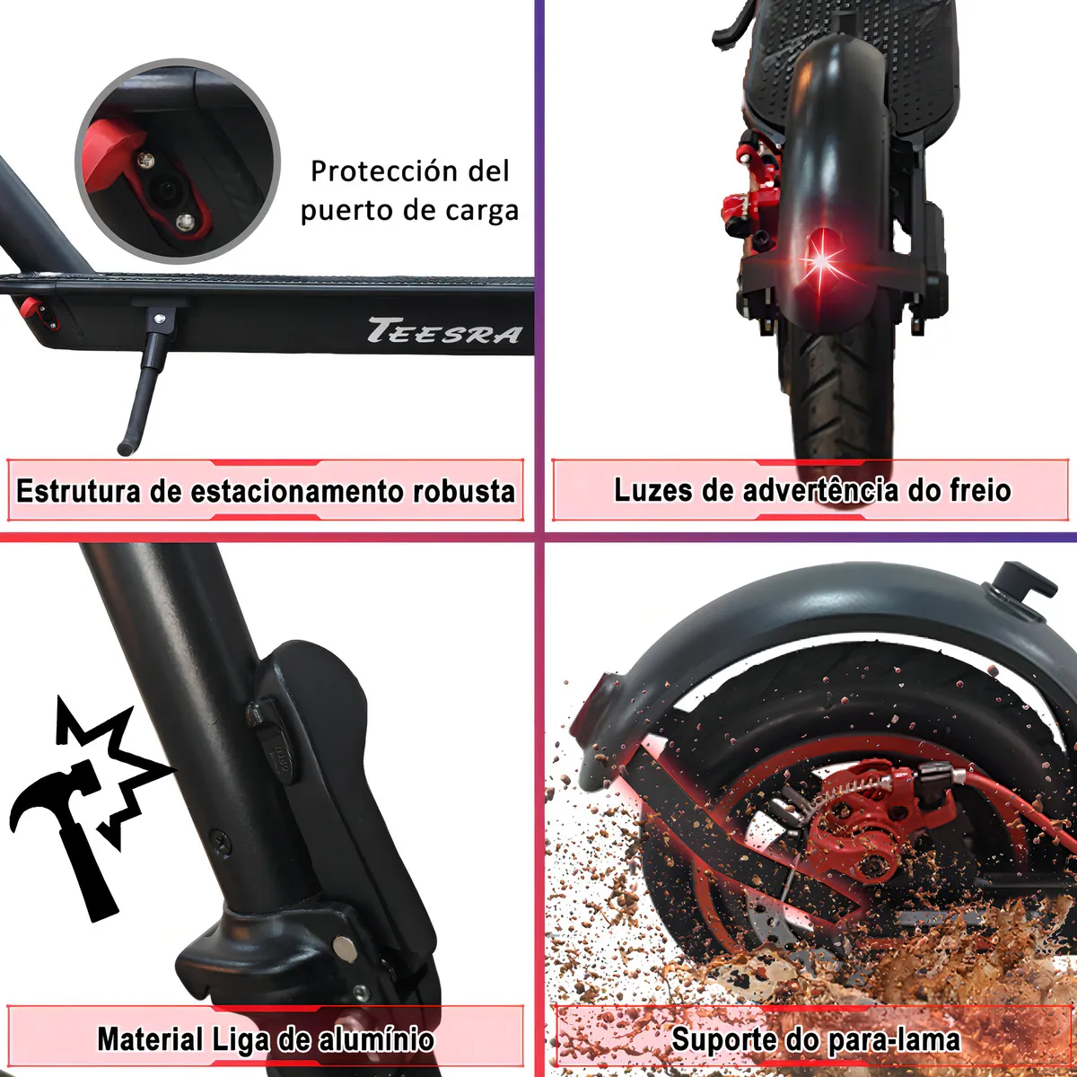 Detalhe técnico do Patinete elétrico Teesra M3 Pro