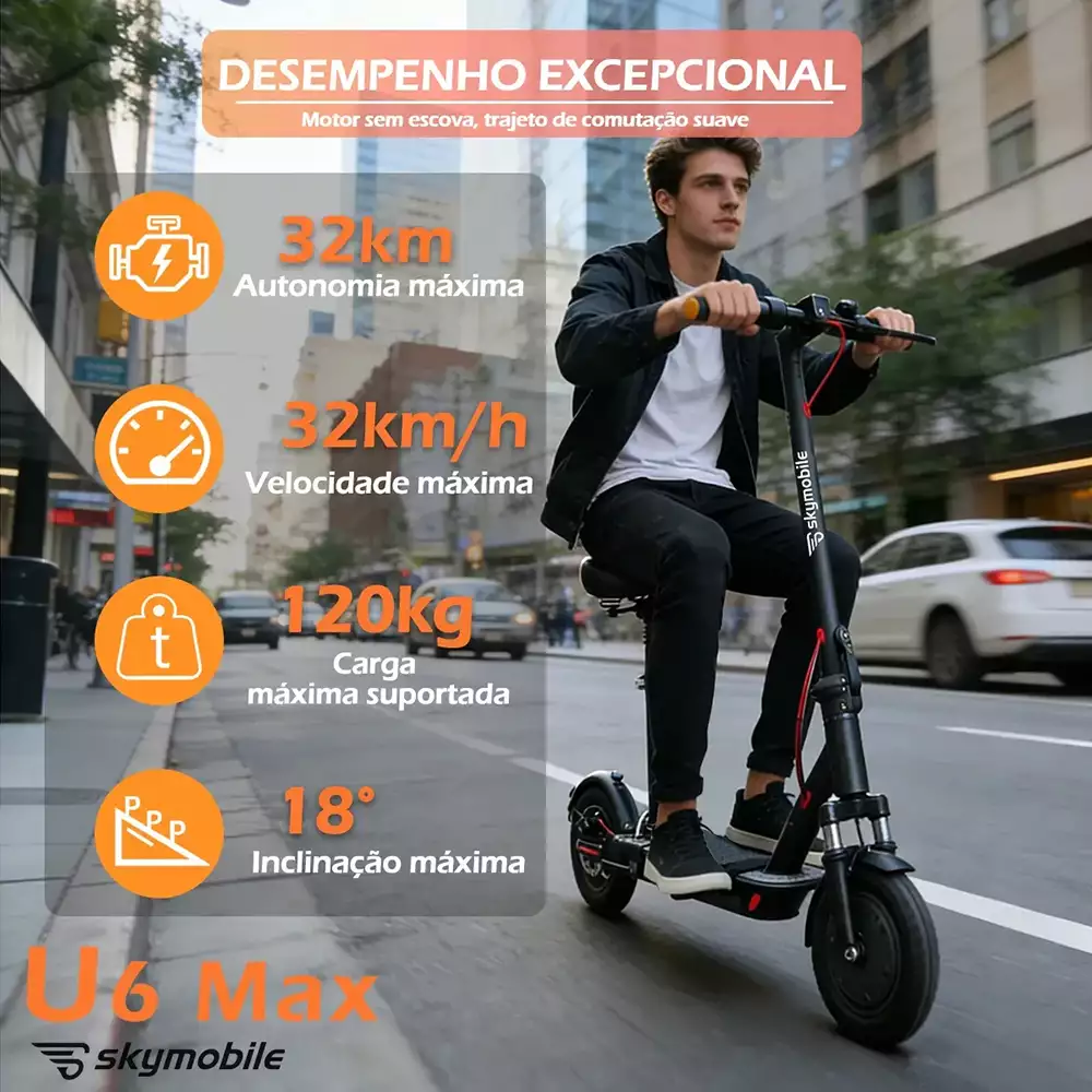 Patinete elétrico Skymobile U6 Max com autonomia de 32km e motor de 600W