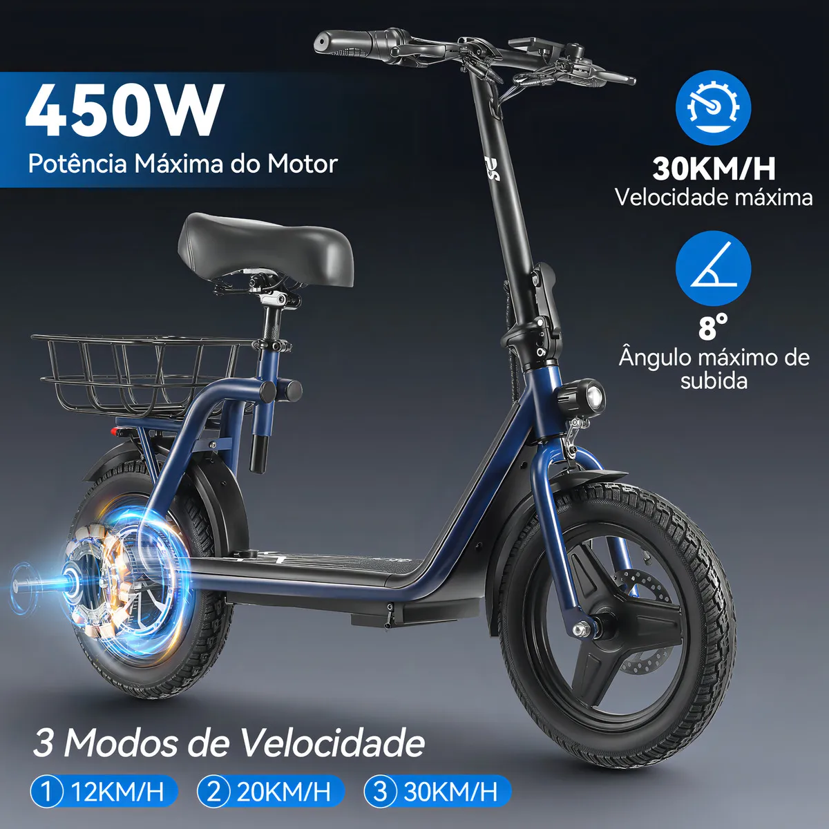 Patinete elétrico Gm5 P3 com autonomia de 30km e motor de 450W
