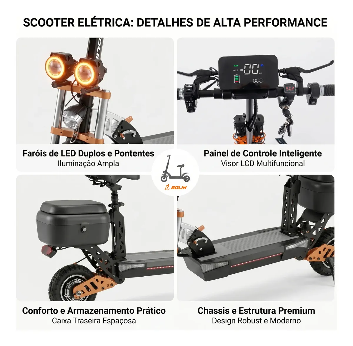 Detalhe técnico do Patinete elétrico Bolin M7 NFC